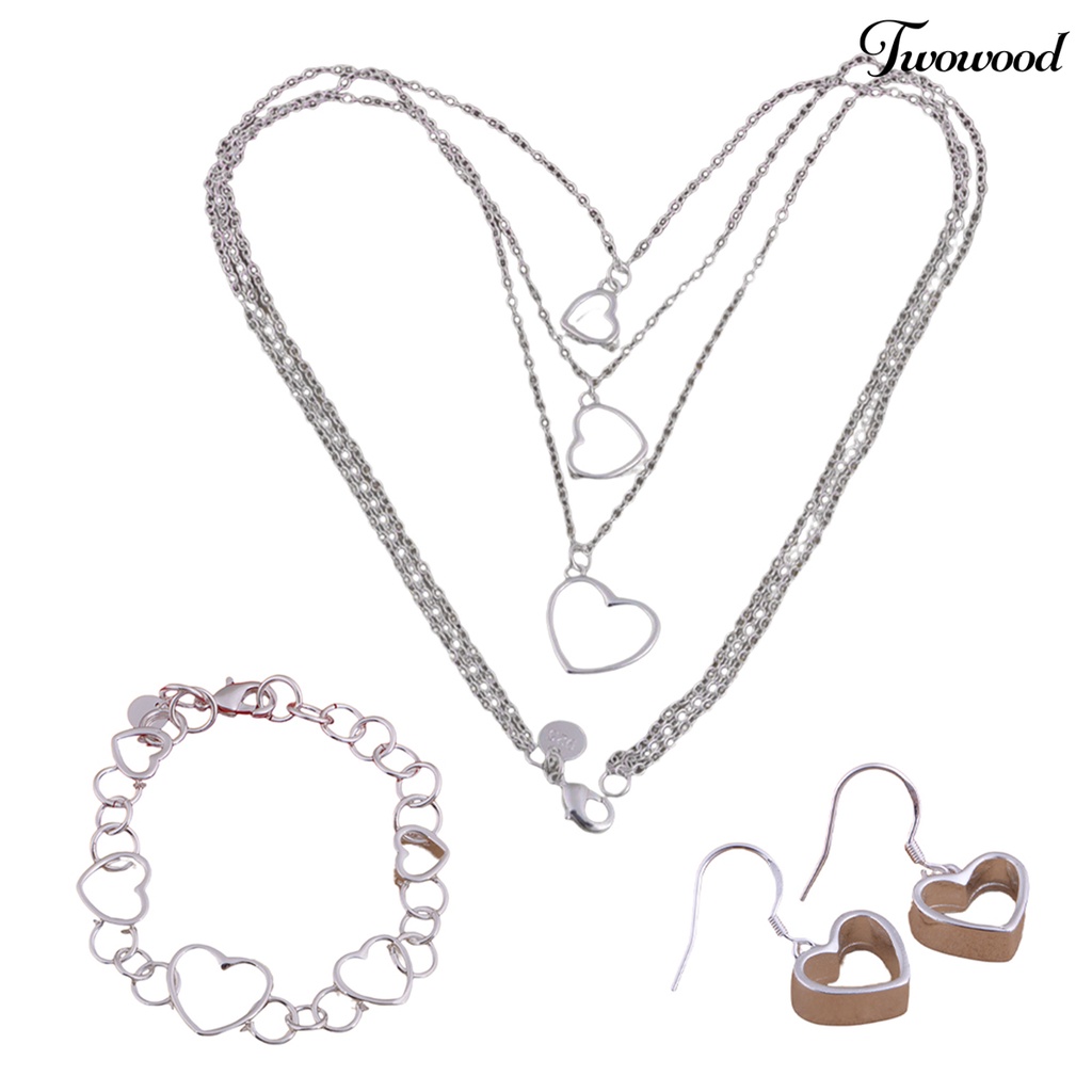 Twowood 3Pcs/Set Wanita Set Perhiasan Semua Pertandingan Pengerjaan Halus Menarik Trendi Indah Dress Up Alloy Bentuk Cinta Kalung Gelang Anting Hadiah Anniversary