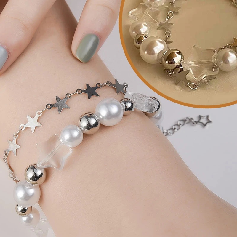 Women Double Wrap Stars Pearl Bracelets/Gelang Manik-Manik Manset Cewek/Ladies Simple Trendy Bangles/Niche Design Canggih Retro Joker Jewelry/Aksesoris Perhiasan