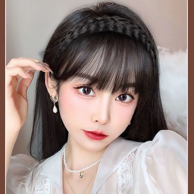 Kepang Wig Bando Dengan Poni Fashion Natural Air Bangs Hair Band Aksesoris Rambut Wanita