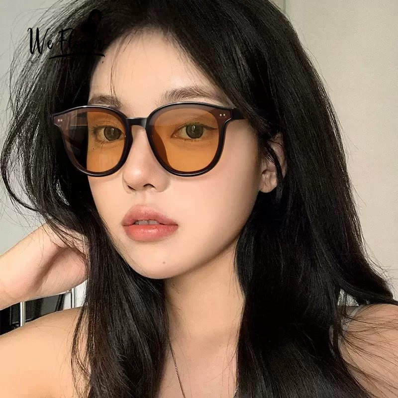 We Flower Korean Retro Brown Lens Oval Kacamata Hitam Untuk Wanita Pria Unisex Perlindungan UV400 Trendy Kacamata Aesthetic Shades Liburan Mengemudi Kacamata