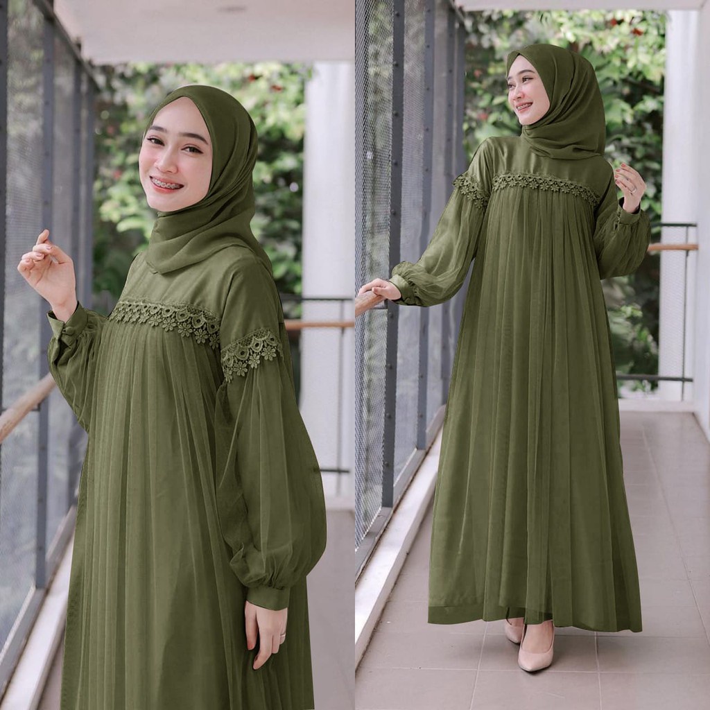 MAXI DRESS PANJANG NURAINI | GAMIS MUSLIM MURAH PEREMPUAN BROKAT TILE CANTIK RENDA IMPORT TERBARU