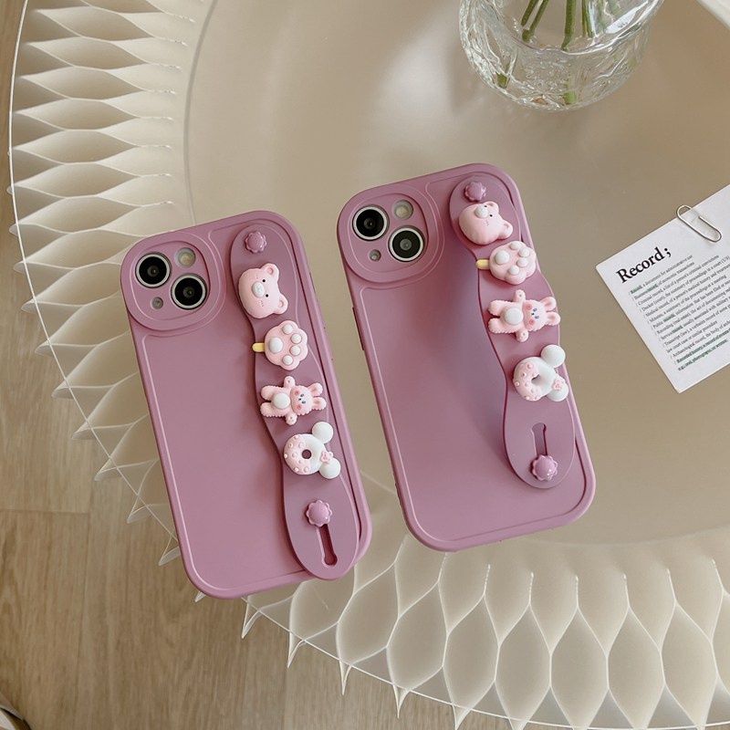 IPHONE Gelang Boneka Beruang Bunny Support Soft Case HP iP Iphone6 6S 7 8 14+Plus SE 2020 X XS XR 11 12 13 Pro Max Purple FTD Casing Apple