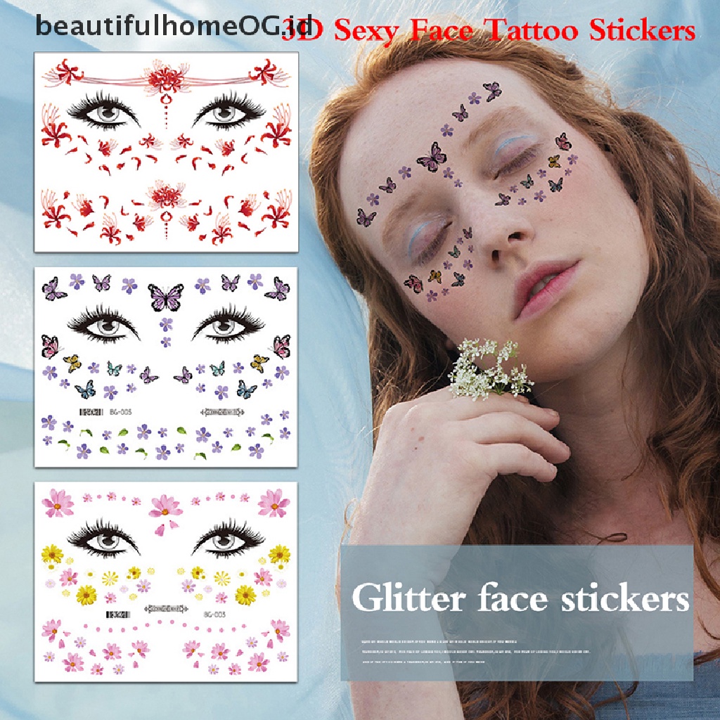 // Beauty// 1lembar Stiker Tato Wajah Sexy 3D Tato Temporer Tato Palsu Glitter **