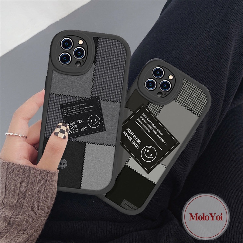 Case Kompatibel Untuk iPhone 7Plus 11 13 12 14 Pro Max XR 6s 6 7 8 Plus X XS Max SE 2020 Pasangan Lucu Smiley Jahitan Ins Fashion Label Hitam Lembut Tpu Phone Cover