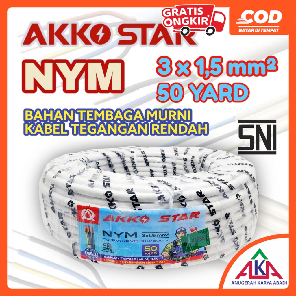 AKKO STAR Kabel Listrik NYM 3x1.5 Standar PLN Tembaga 45 M / 50 Yard SNI
