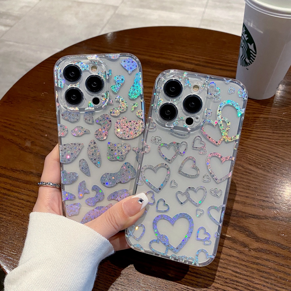 IPHONE Casing Bening Leopard Cinta Hati Laser Warna-Warni Untuk Iphone14 13 12 11 Pro Max Berlapis Mewah Dua Sisi Tahan Shocproof Soft Phone Cover