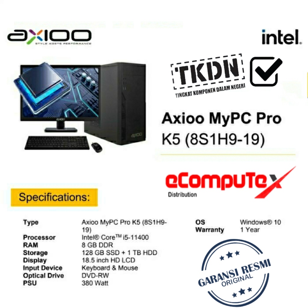 PC DESKTOP AXIOO MYPC PRO K5 (8S1H9-19) i5 8GB 128GB SSD+1TB HDD 19&quot;HD TKDN RESMI