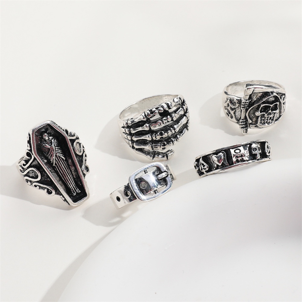 Hip-hop Kecil Keren Tampan Wanita Ambil Cincin Punk Angin Kematian Dewa Sabit Retro Sabuk Gesper Cincin Set Isi5