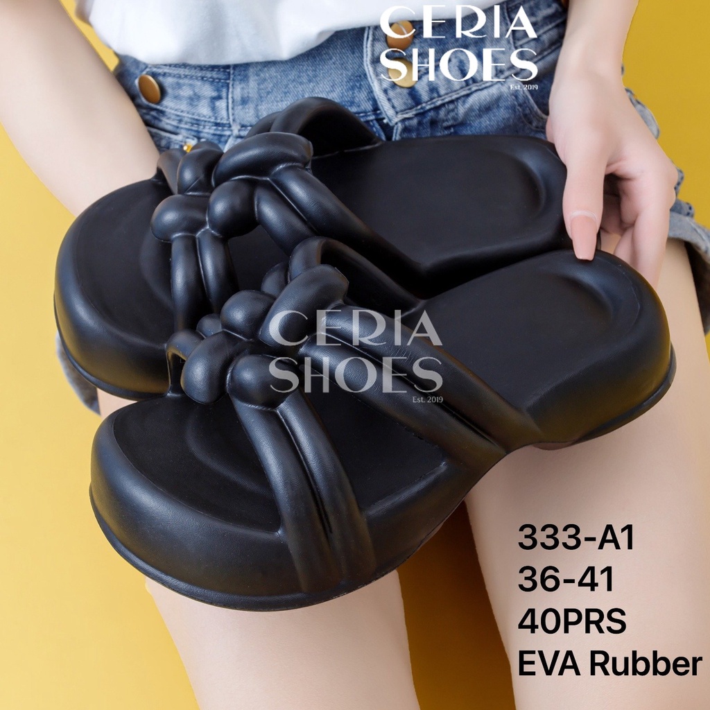 Sandal Slop Wedges Wanita Karet Import Bahan EVA Spons Premium Ringan Empuk Tebal 5 Cm Sol Anti Slip BLC Motif Kepang 333