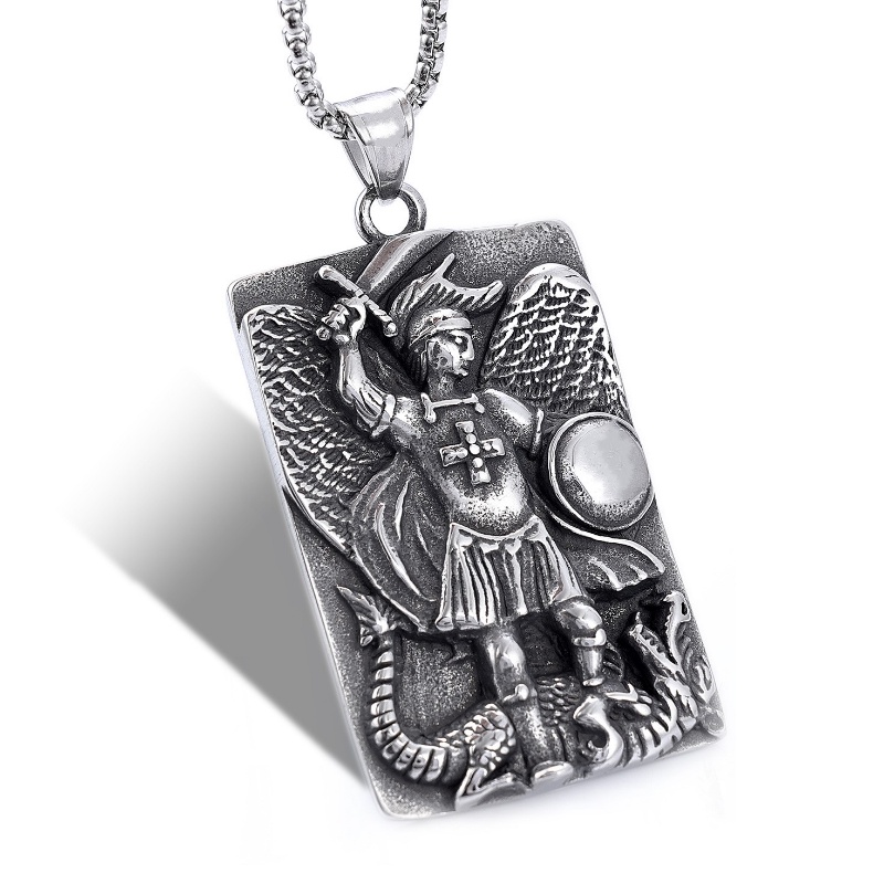 [X C Kalung] Baru Silvery Retro Angel Knight Dragon Slaying Pendant Punk Hip Hop Stainless Steel Kalung Hadiah Pesta Ulang Tahun Untuk Pria Dan Wanita