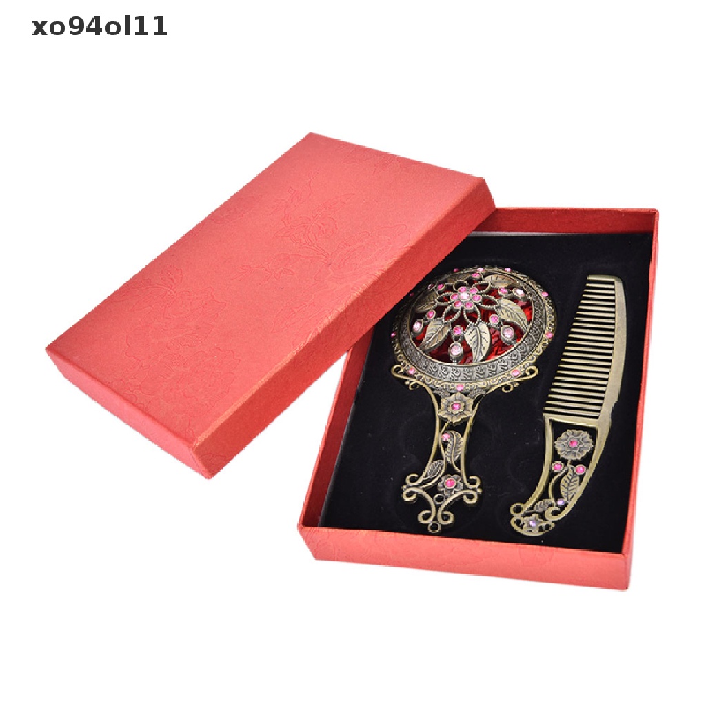 Xo 2PCS Bronze Cermin Genggam Berongga Kosmetik Compact Mirror Comb Set Kotak Hadiah OL