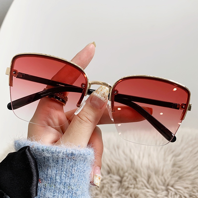 (YUZHU) Oversized Metal Half Rim Sunglasses Untuk Wanita Vintage Fashion Cat Eye Tiga Warna Gradient Sunglasses