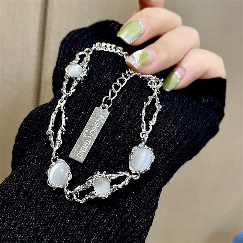 Fashion Moonstone Gelang Untuk Wanita Manik-Manik Elegan Gelang Rantai Perak Aksesoris Perhiasan