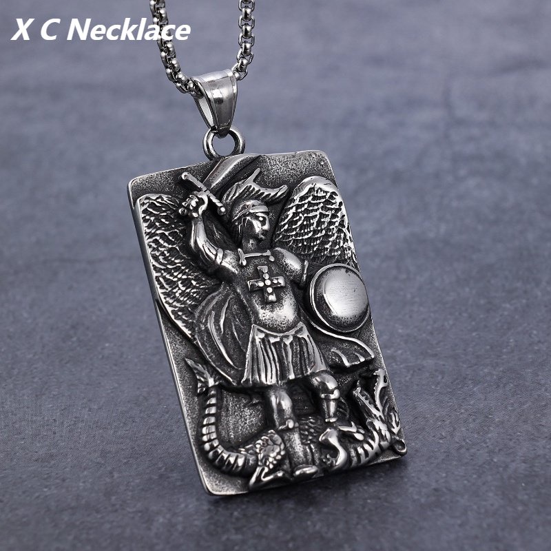 [X C Kalung] Baru Silvery Retro Angel Knight Dragon Slaying Pendant Punk Hip Hop Stainless Steel Kalung Hadiah Pesta Ulang Tahun Untuk Pria Dan Wanita