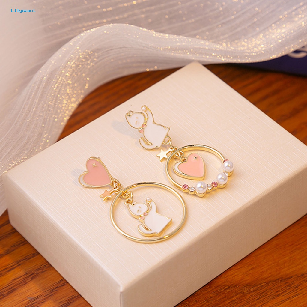 Lilyscent 1pasang Electroplating Wanita Anting Perhiasan Aksesoris Kartun Kucing Cinta Hati Gadis Drop Earrings Ring