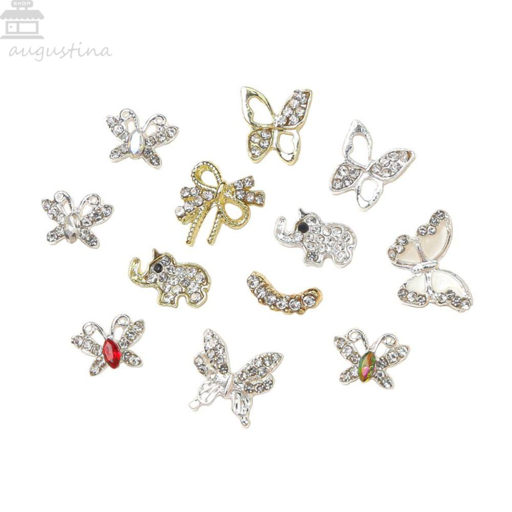 Augustina Aksesoris Kuku Kupu-Kupu Berongga 3D 10pcs Multi-Desain Alloy Zircon Butterfly Shaped Jewelry Charms