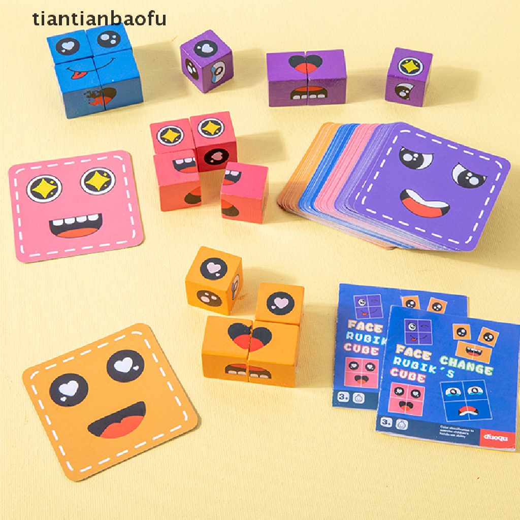 [tiantianbaofu] Emosi Wajah Mengubah Blok Ekspresi Kayu Mainan Puzzle Anak Cube Table Game Belajar Montessori Mainan Edukasi Anak Butik