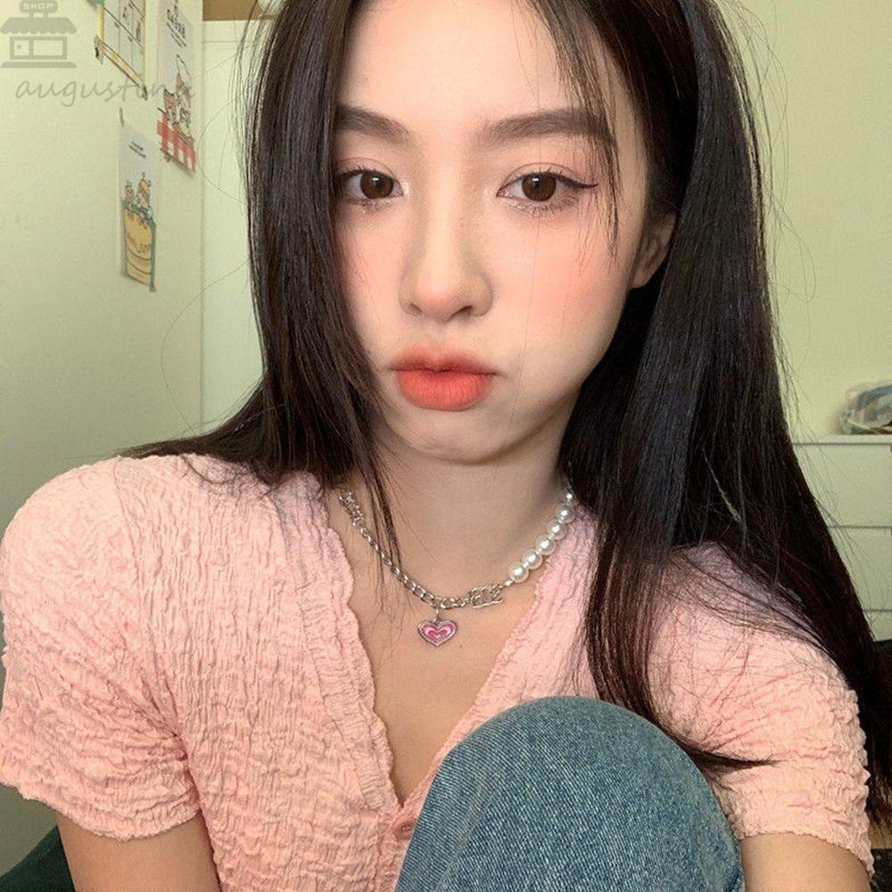 Agustina Gaya Korea Kalung Elegan Indah Hati Sederhana Sweater Rantai Perhiasan Hadiah Y2K Gadis Retro Perempuan Klavikula Rantai