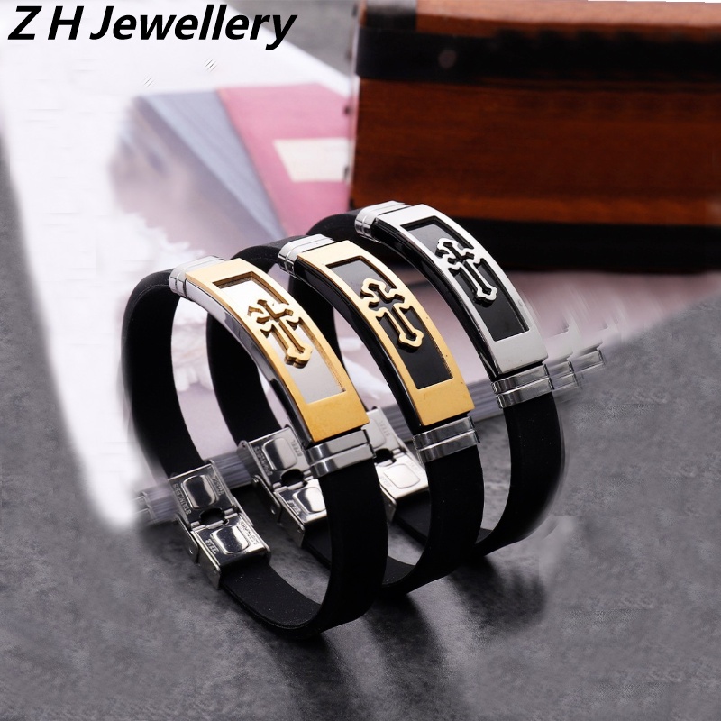 Z H Perhiasan Vintage Hip Hop Rock Stainless Steel Salib Silikon Gelang Untuk Pria Dan Wanita Fashion Pasangan Gelang Hip Hop Pesta Perhiasan Aksesoris