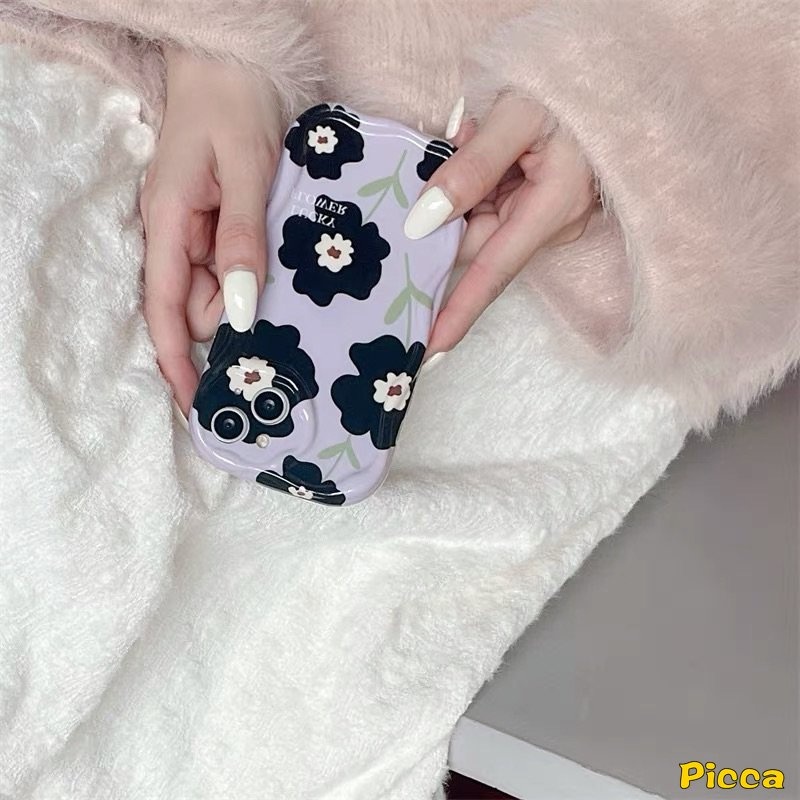 Casing Tepi Melengkung Bergelombang 3D Kompatibel Untuk IPhone 7Plus XR 78 6s 6plus 11 13 14 12 Pro Max X XS Max SE 2020 Ins Retro Black Flower Airbag Glossy Shockproof Soft Tpu Purple Cover