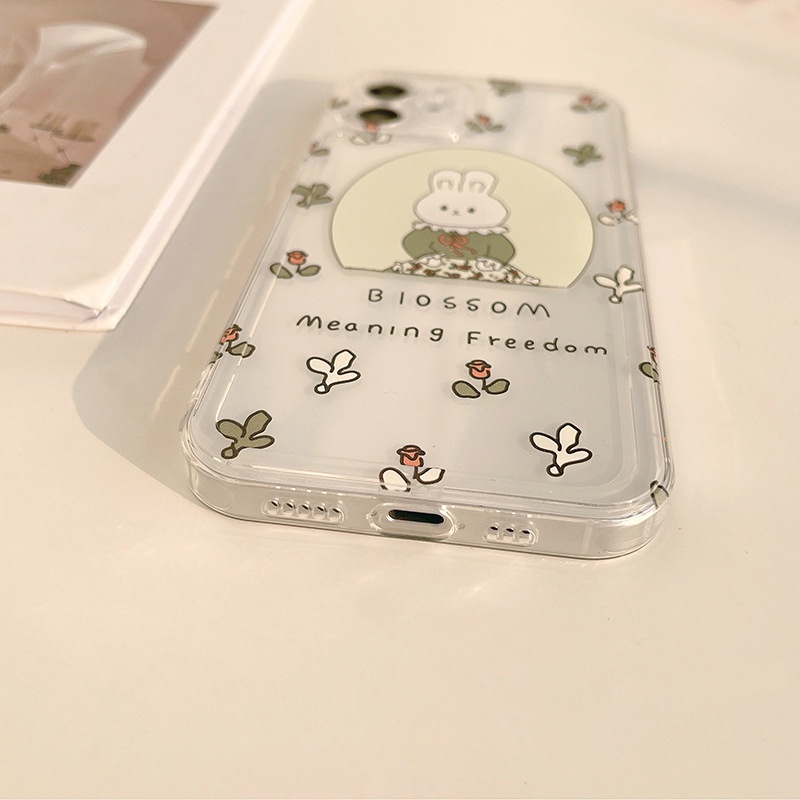 IPHONE Gadis Kartun Bunny Kelinci Dengan Bunga Mawar Lembut Transparan Casing Ponsel Cover Untuk Iphone7 8 PLUS X XR XS 11 12 13 MINI PRO MAX SE 2020