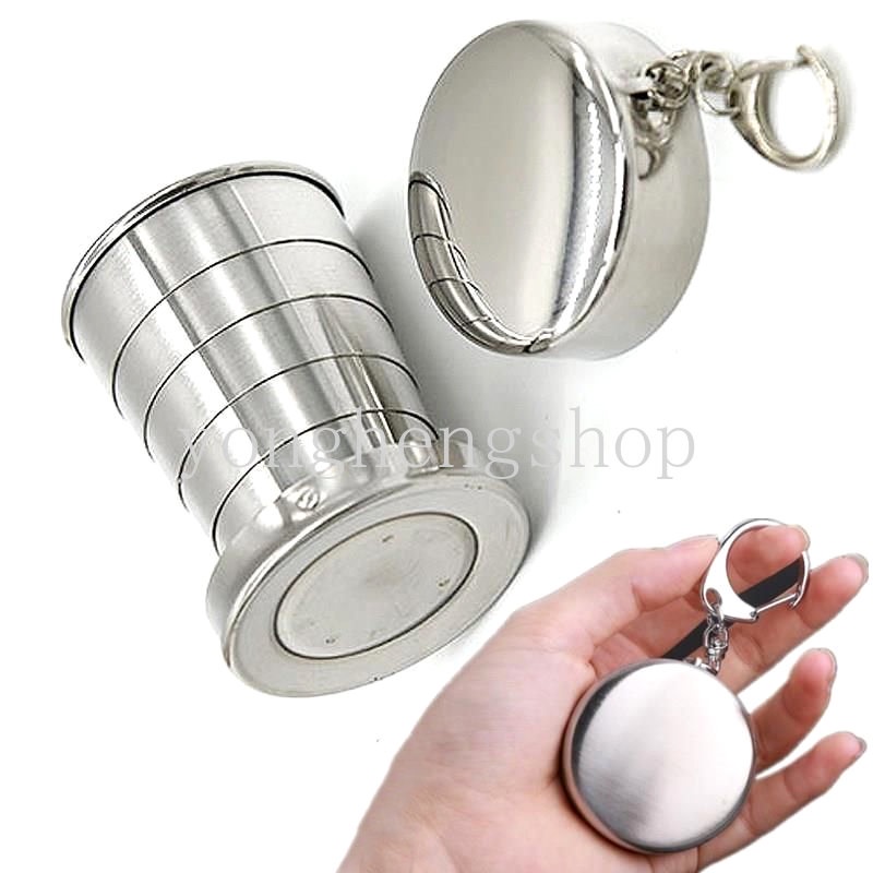 75ml Stainless Steel Cangkir Lipat Perjalanan Luar Ruangan Camping Portable Collapsible Water Cups with Keychain Lid Hiking Olahraga Mug Cangkir Teh