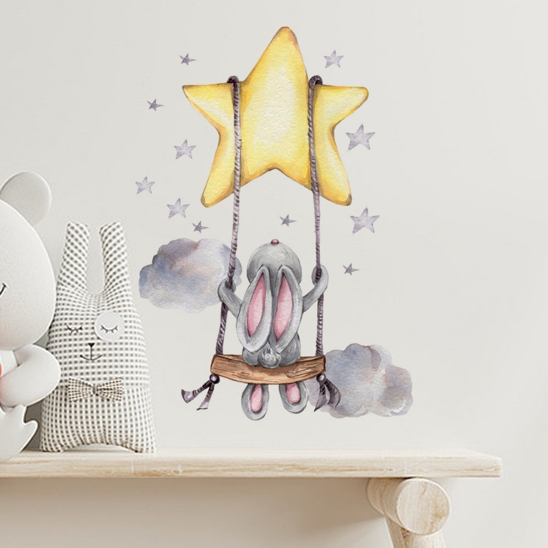 Aksesoris Dekorasi Kamar Anak Perekat Diri 3D Indoor Stiker Dinding Tahan Air Tahan Debu Wallpaper Latar Belakang TV Art Decal Swing Pola Kelinci Aplikasi Dinding