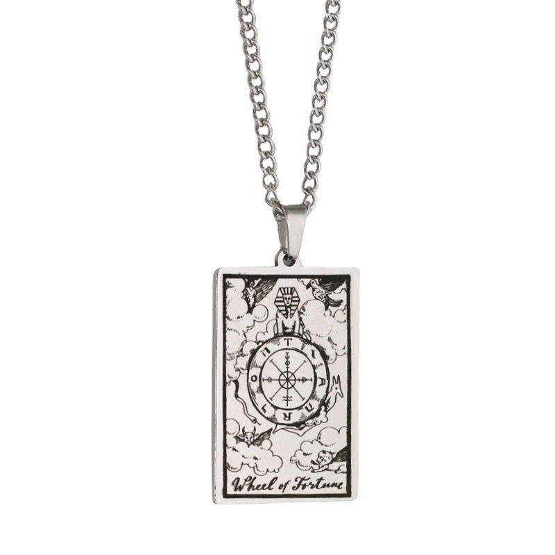 [Kalung X C] Emas &amp; Perak Baru Hip-hop Punk Retro Grand Alcana Tarot Wheel of Fortune ​​Kalung titanium Steel Liontin Anti Karat Untuk Perhiasan Hadiah Liburan Pria Dan Wanita