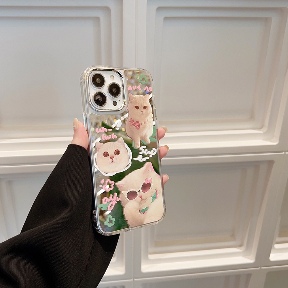 IPHONE Kacamata Hitam Lucu Pink Hijau Kucing Kartun Make Up Cermin Transparan Case Untuk Iphone14 11 12 13 PRO MAX Casing Cover Pelindung AT0214