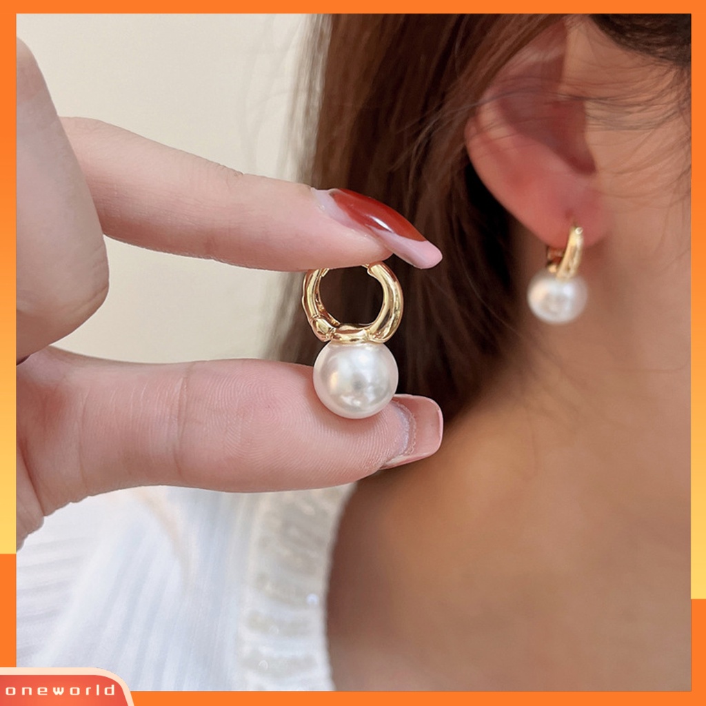 [EONE] 1pasang Anting Pejantan Temperamen Geometris Vintage Hong Kong Gaya High Gloss Hias Elegan Faux Pearl Hoop Earrings Aksesoris Wanita