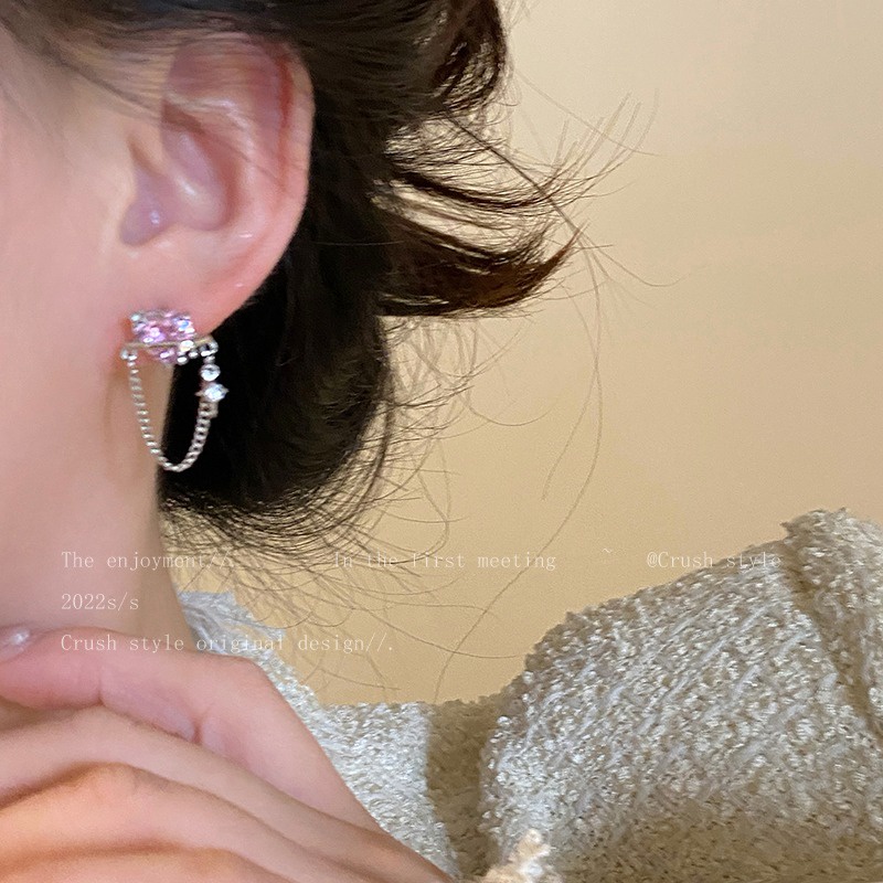 Girly Anting High-end Kristal Merah Muda Berbentuk Hati