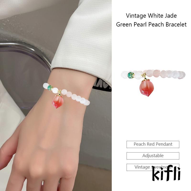 [KD] Peach Gelang Gaya Vintage Giok Putih Hijau Manik Perempuan Manis Pacar Gelang