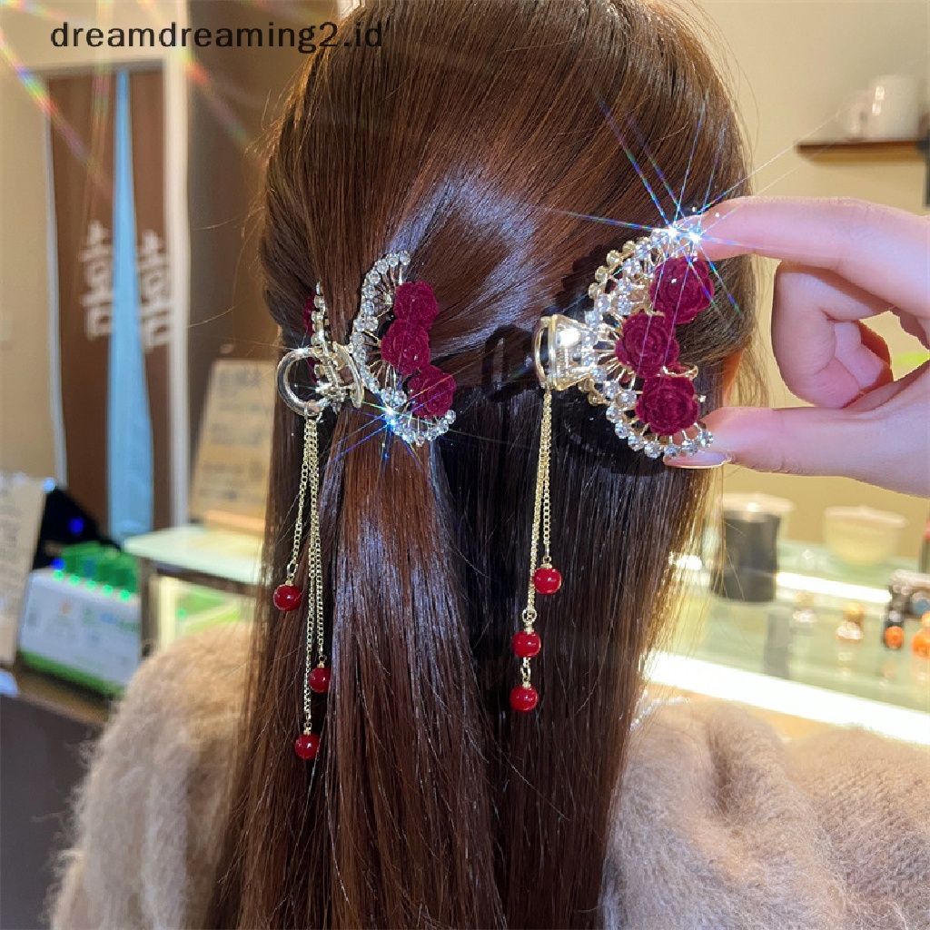 (dream) 1pc Pearl Rose Jepit Rambut Pearl Tassel Hair Clip Woman Hair Claw Perhiasan Aksesoris Rambut Hiasan Kepala Peri//