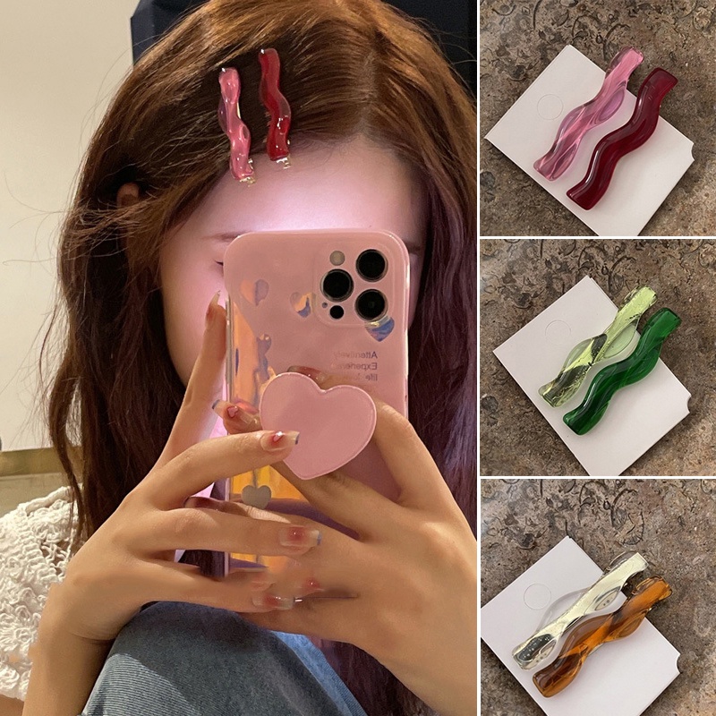 2pcs/set Gelombang Asetat Satu Kata Jepit Rambut Warna Jelly Lucu Sisi Jepit Rambut Geometris Akrilik Jepit Musim Panas Gadis Fashion Aksesoris Rambut