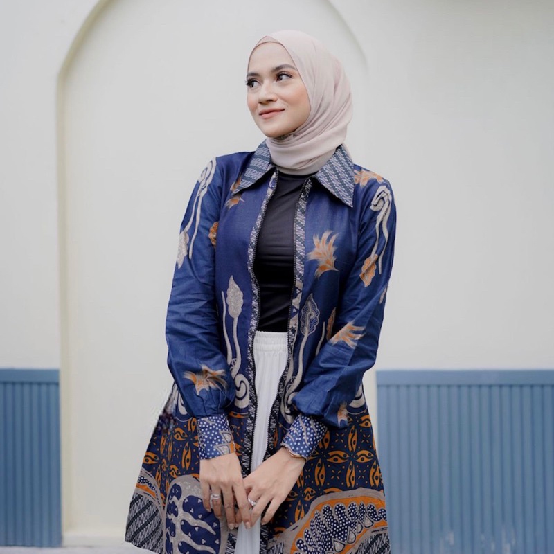 Undurjoyo - Tunik Batik Zipper Tunik Batik Wanita Navy MaroonTunik batik wanita modern premium Tunik