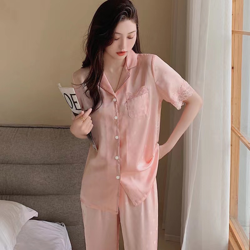 2023 new Korean version thin pink pajamas set/short sleeve top+trousers two -piece home clothing