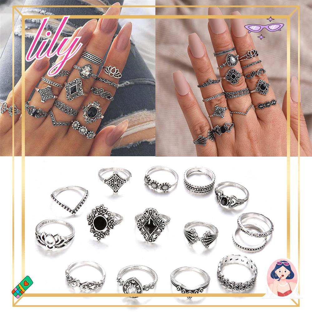 Lily 15PCS/Set Cincin Set Fashion Bintang Vintage Perak Aksesoris Tangan