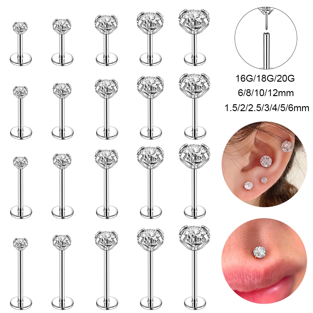 1pc6 /8 /10 /12mm Stainless Steel Labret Piercing Plug-in Gaya Kristal Bibir Stud Anting Tulang Rawan Tragus Keong Helix Piercing