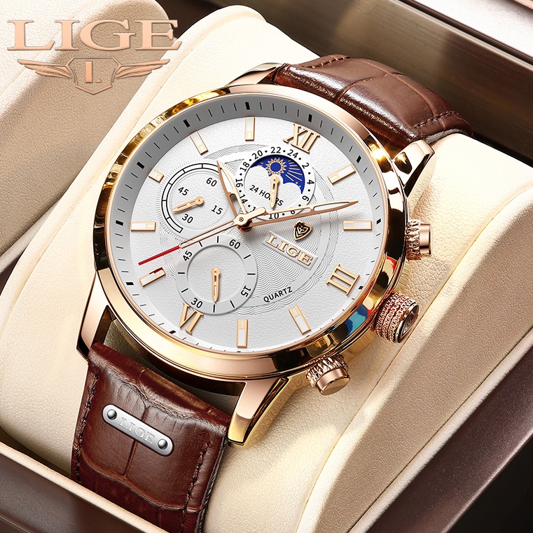 LIGE  terbaru original jam tangan pria tali kulit anti air olahraga kronograf jam tangan + kotak
