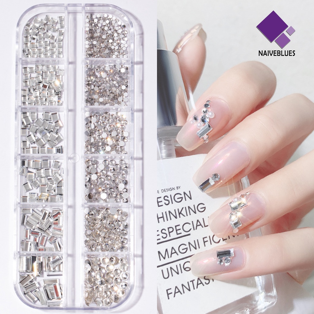 [naiveblues] 12grids/box Flat Back Nail Art Berlian Imitasi Efek 3D Gaya Mutiara Bulat Kuku DIY