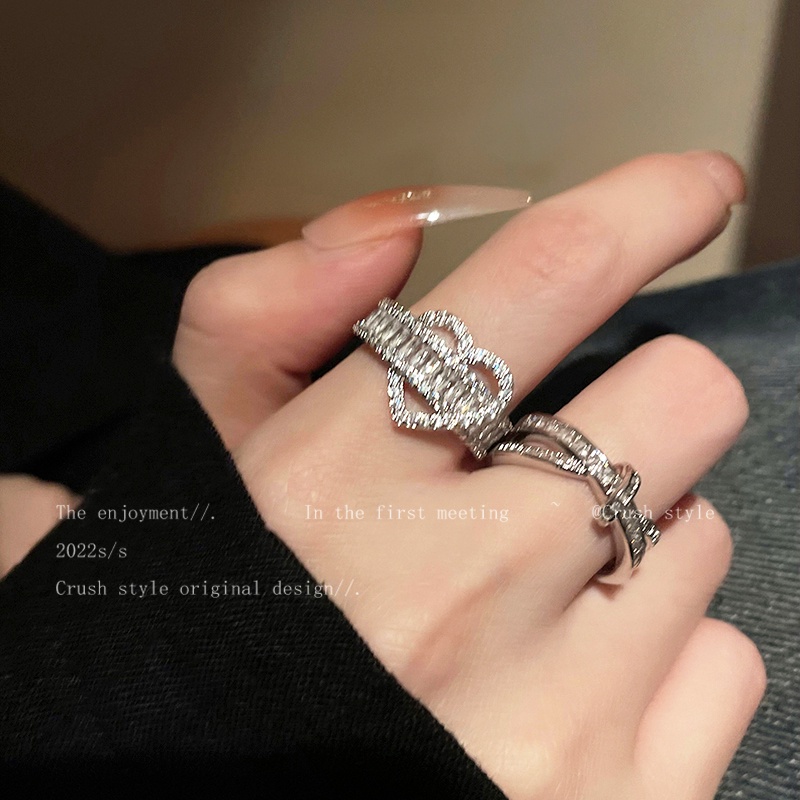 Mewah Zirkon Jantung Cincin Perak Kristal Silang Rings Untuk Wanita Fashion Perhiasan Y2K Aksesoris