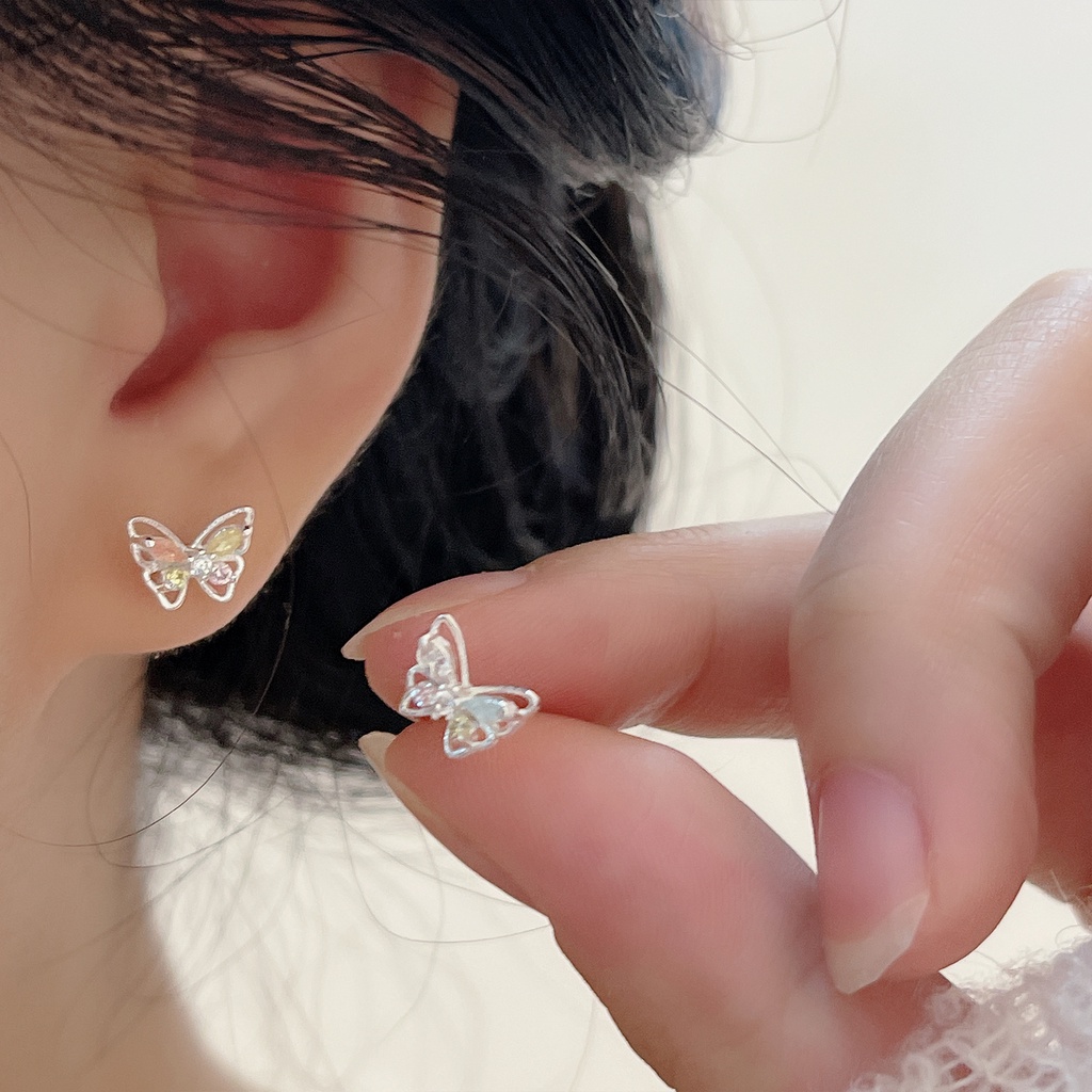 Anting Kupu-Kupu Warna-Warni Korea Sliver Stud Earing Untuk Aksesoris Perhiasan Fashion Wanita