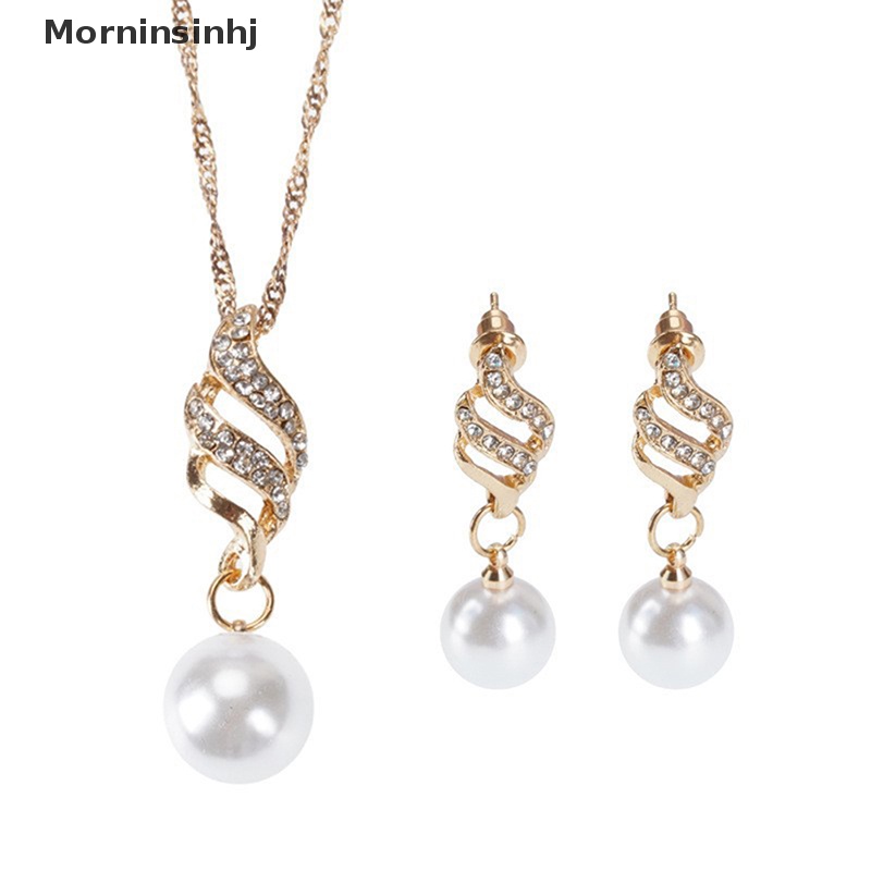 Mornin 3 Pcs/Set Mutiara Imitasi Liontin Kalung Anting Set Wanita Berlian Imitasi Pernikahan Perjamuan Pesta Perhiasan Set Aksesoris Hadiah id