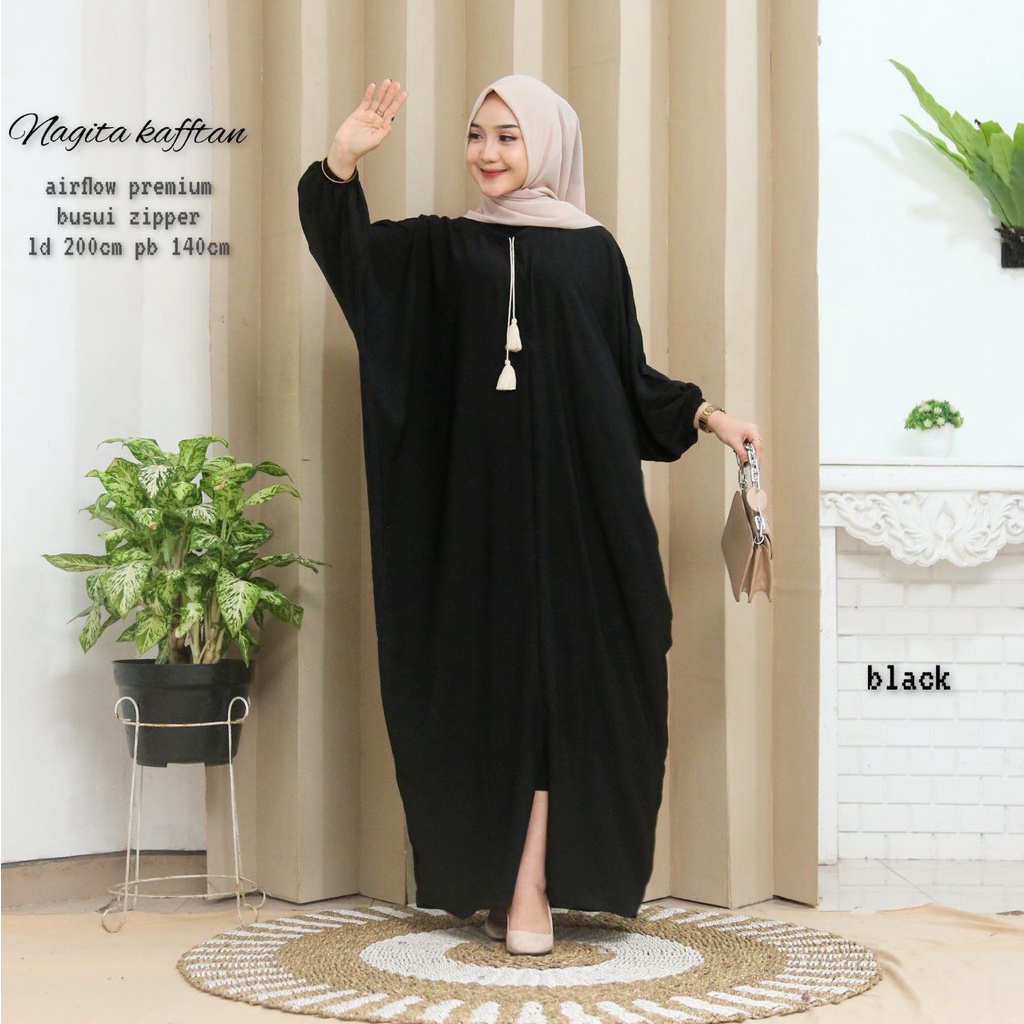 Nagita Kaftan Wanita Jumbo Crinkle Airflow Premium Gamis Terbaru Polos Bigsize Baju Wanita Muslim Kekinian LD 200 cm