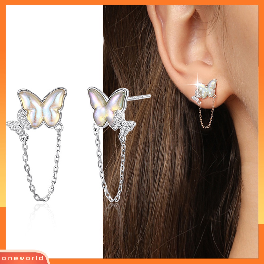 [EONE] 1pasang Ear Studs Mini Faux Moonstone Elegan Berlian Imitasi Tertanam Kupu-Kupu Rantai Wanita Anting Perhiasan Fashion