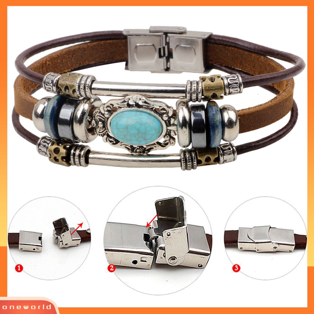 [EONE] Gelang Unisex Manik-Manik Perhiasan Imitasi Turquoise Gelang Rantai Tali Vintage Untuk Pakaian Sehari-Hari