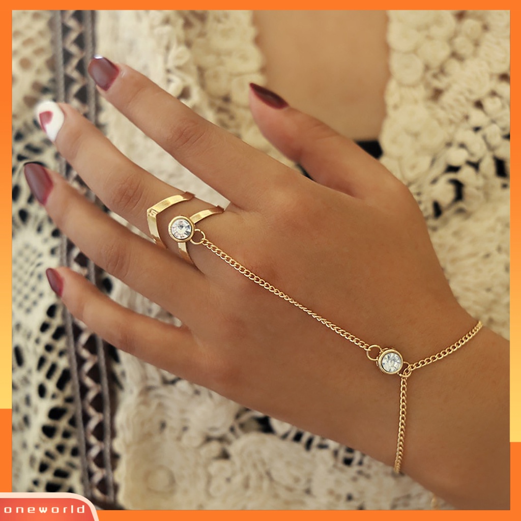 [EONE] Gelang Cincin Wanita Warna Solid Alloy Geometris Berlian Imitasi Hias Lady Chain Ring Untuk Prom