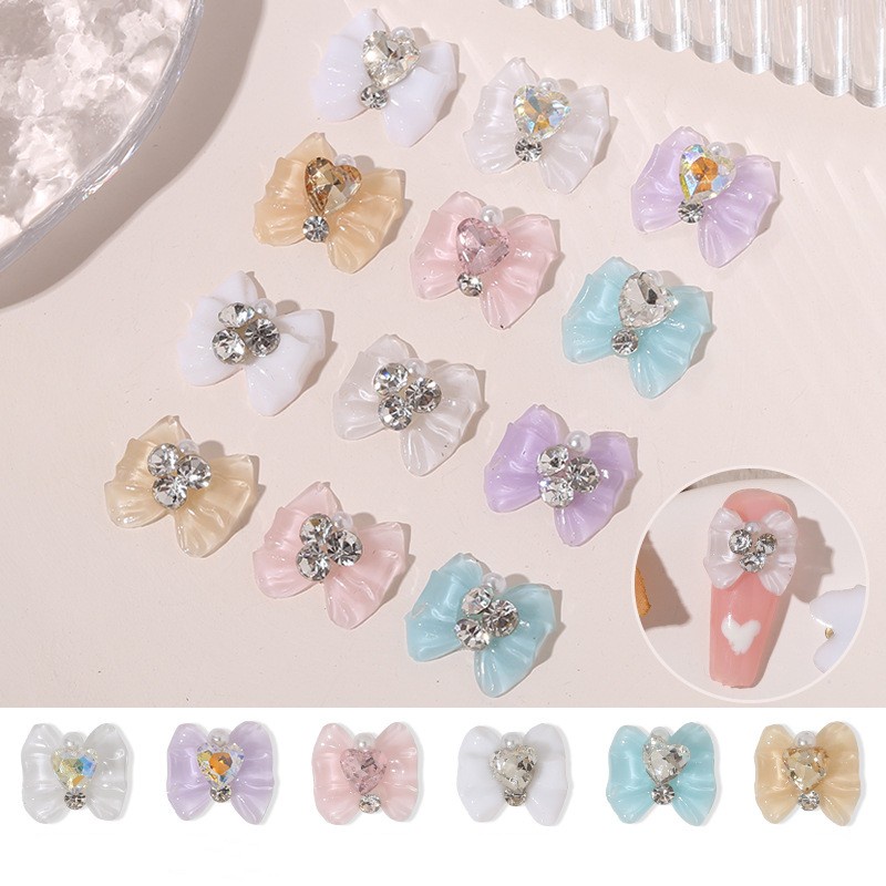 3d Colorful Bow Drill Permata Stiker Kuku Berlian Imitasi Untuk Tips Kuku Rhinestone Bow Resin Nail Art Dekorasi Untuk DIY Korea Manicure Design Ornamen