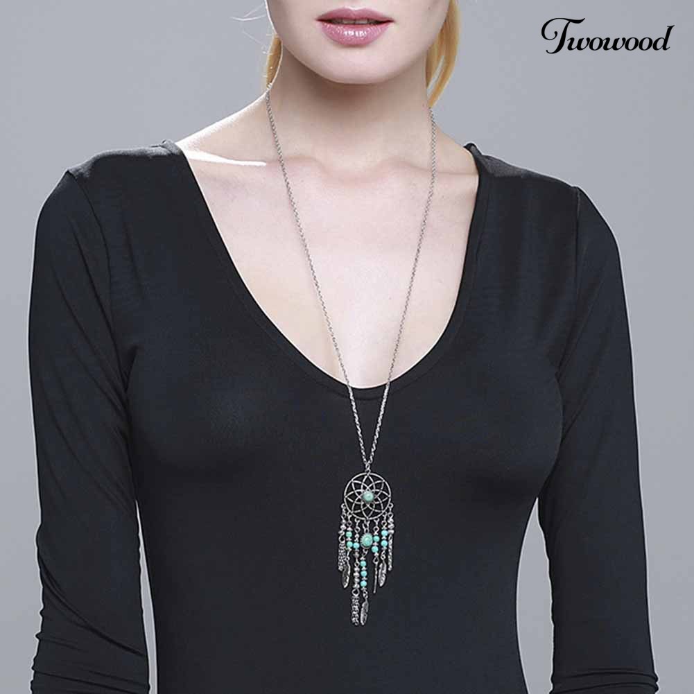 Twowood Boho Dreamcatcher Feather Turquoise Tassel Rantai Charm Kalung Wanita Perhiasan