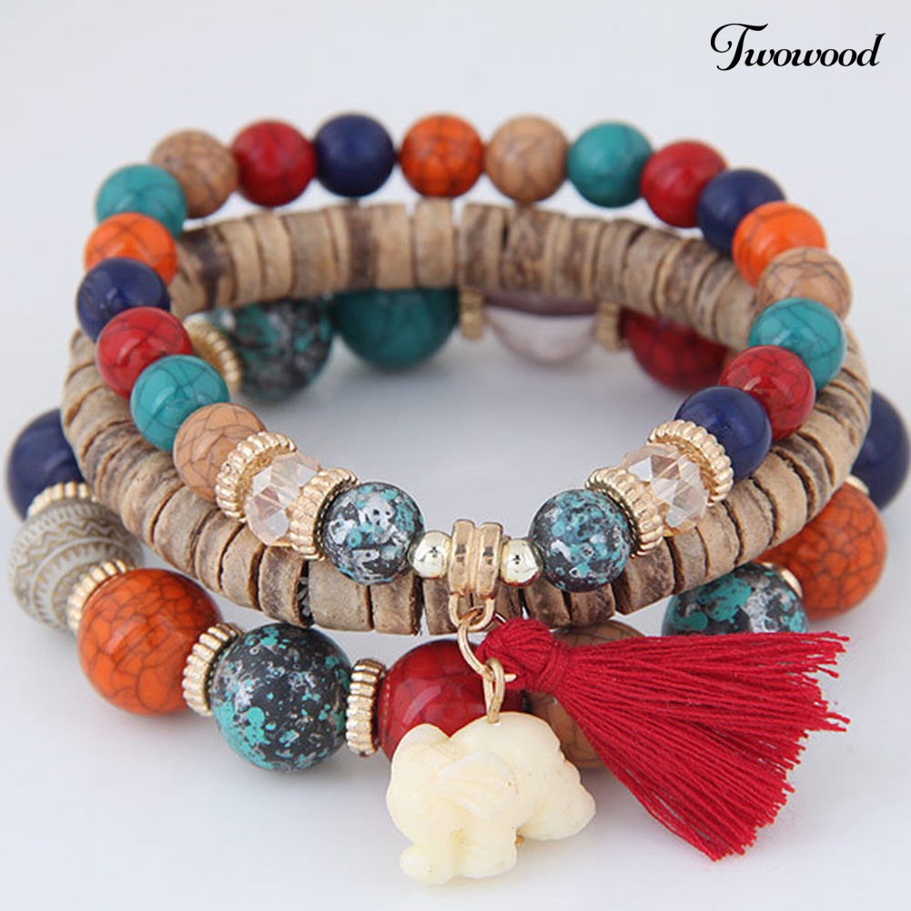 Twowood 3Pcs/Set Bohemian Wanita Gajah Rumbai Pesona Ceko Batu Manik-Manik Gelang Hadiah